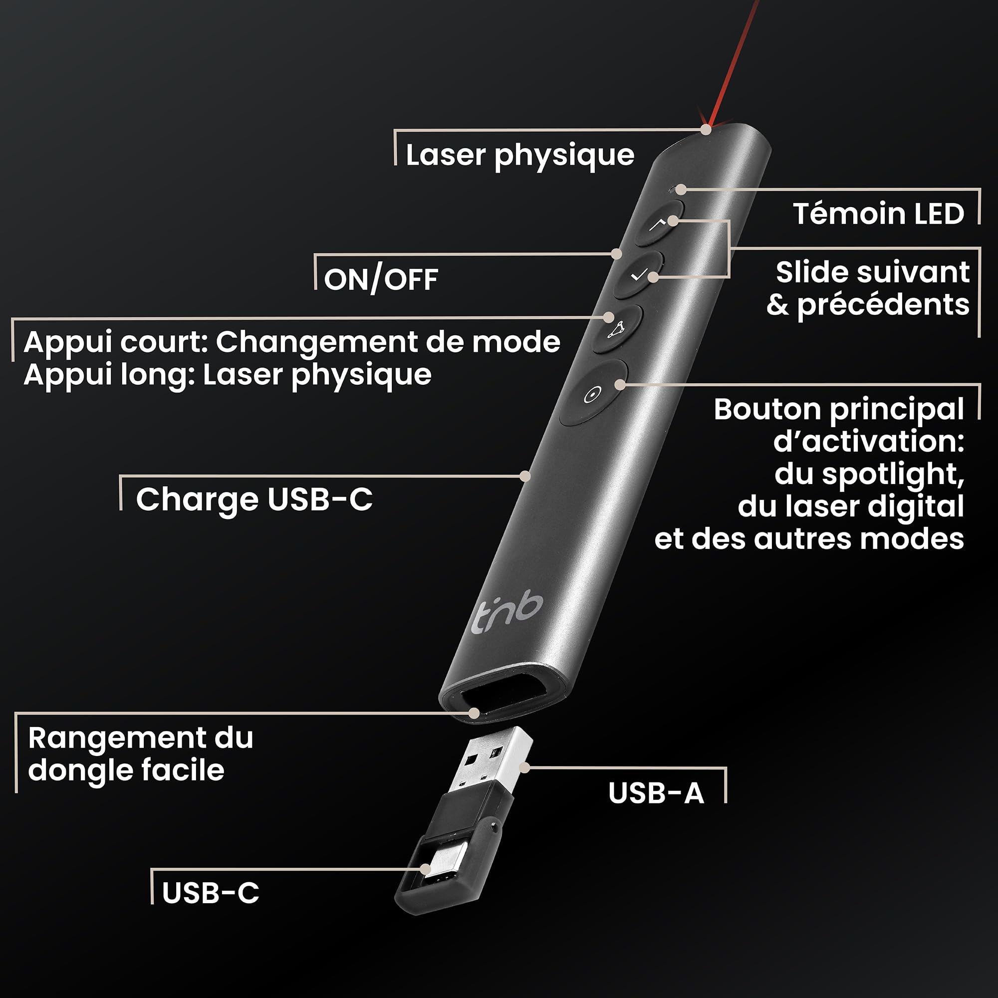 T'nB Télécommande de présentation Spotlight Rechargeable Aluminium Gris