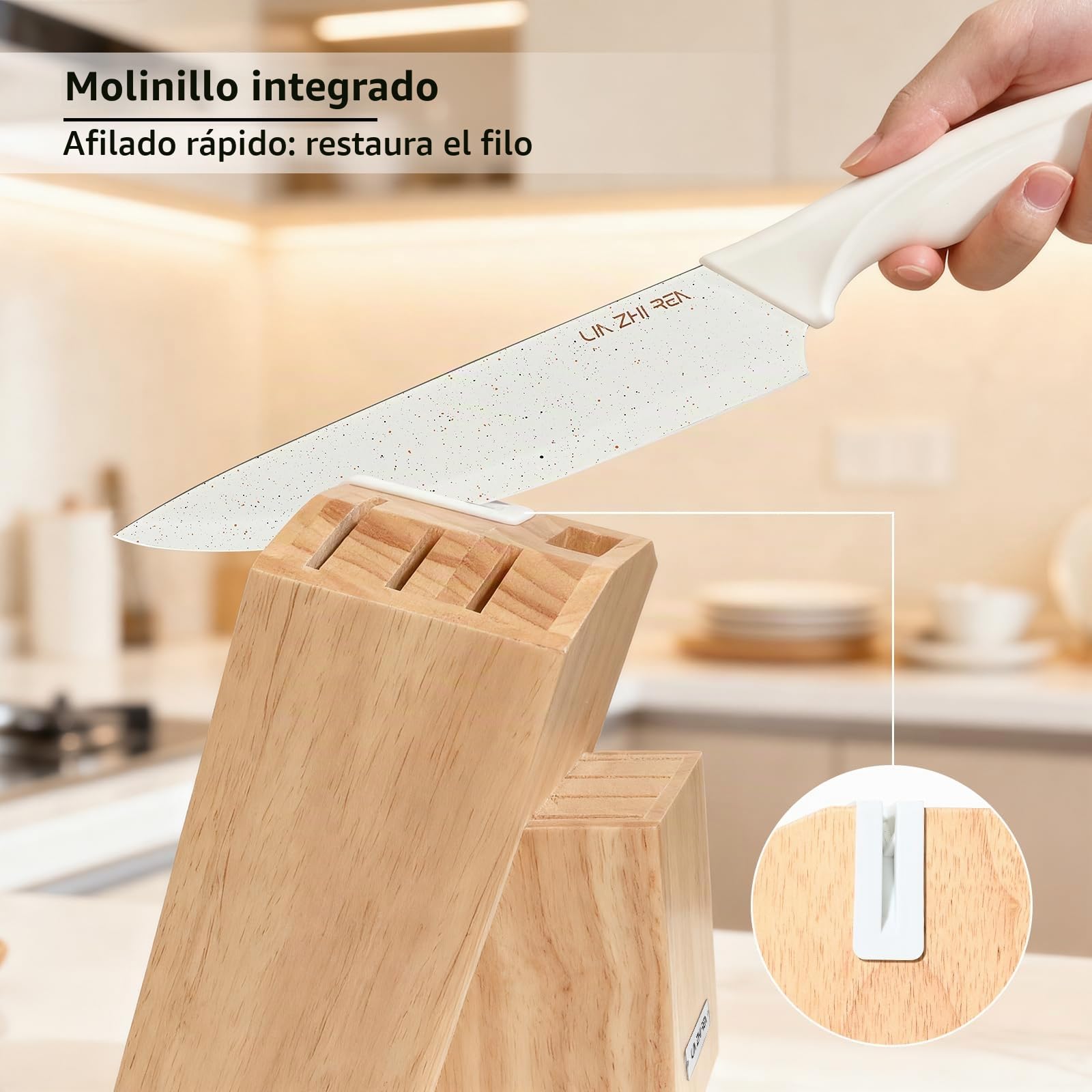 Juego de 13 Cuchillos de Cocina con Bloque y Afilador Integrado | Acero Inoxidable | Mango Ergonómico Antideslizante | Apto para Lavavajillas | Color Blanco
