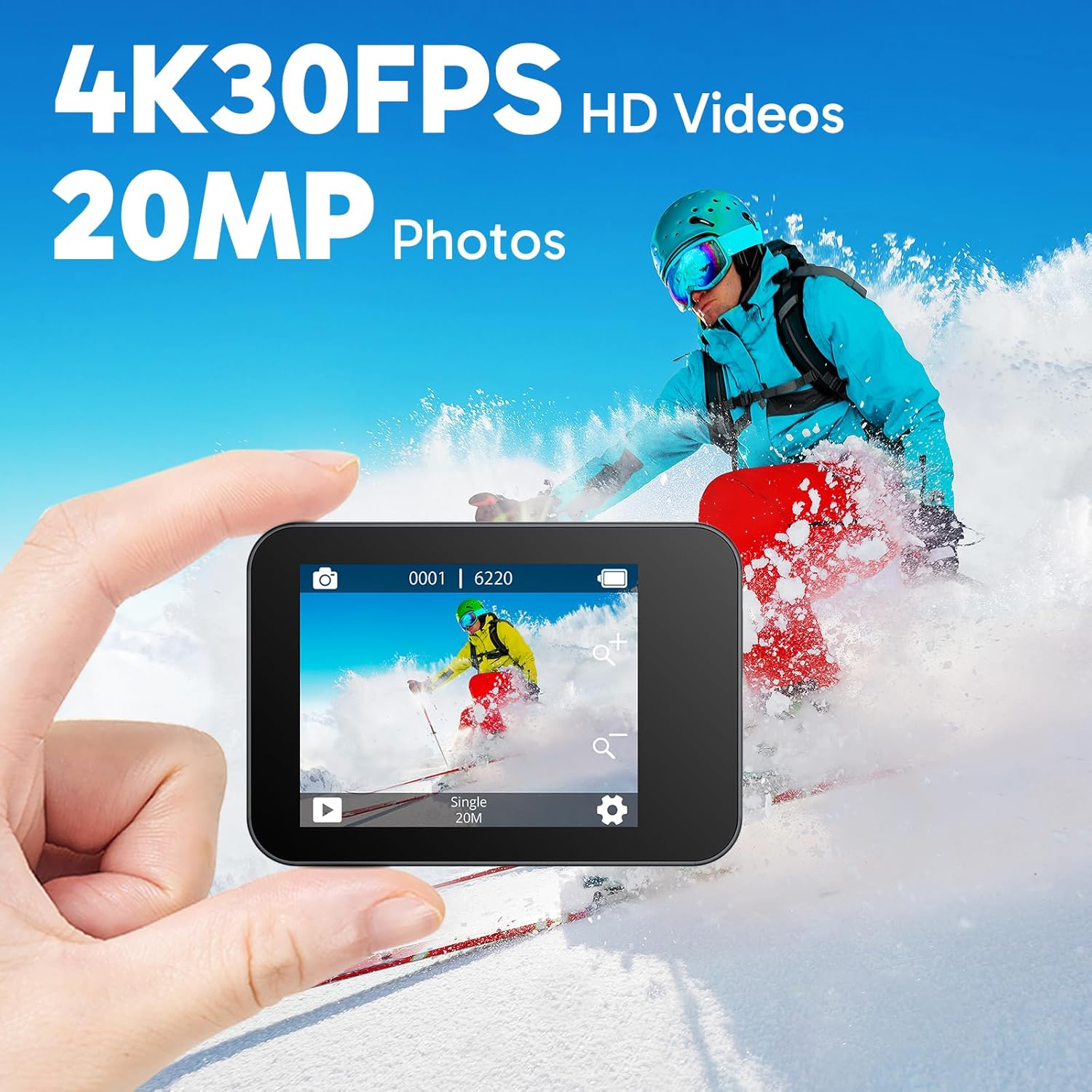 AKASO V50X screen displaying 4K 30FPS video and 20MP photo capabilities