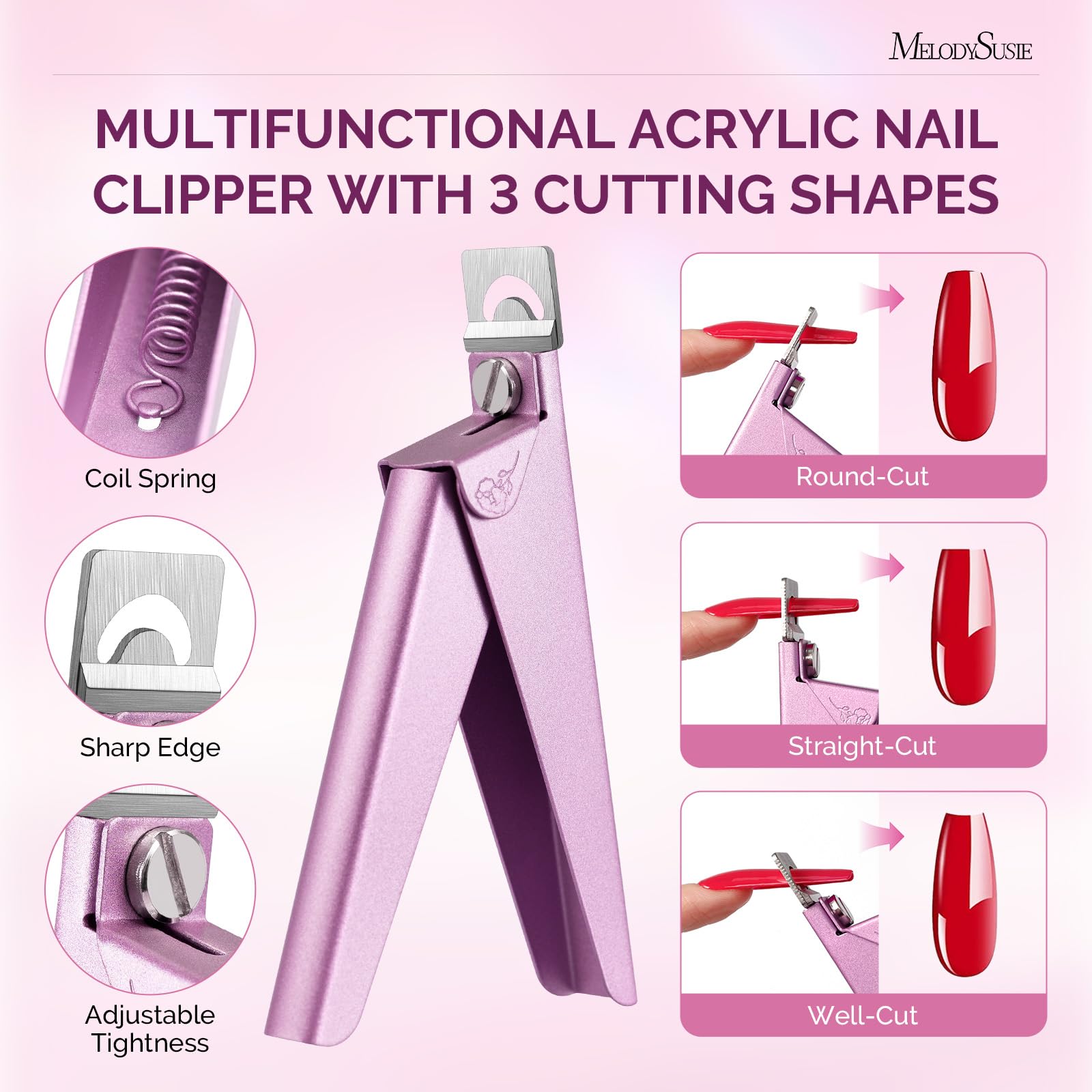 Cortaúñas acrílicas 4 en 1, cortaúñas ajustables de acero inoxidable para puntas de uñas acrílicas, cortador profesional de cutículas, removedor de cutículas, empujador de cutículas, rosa 2