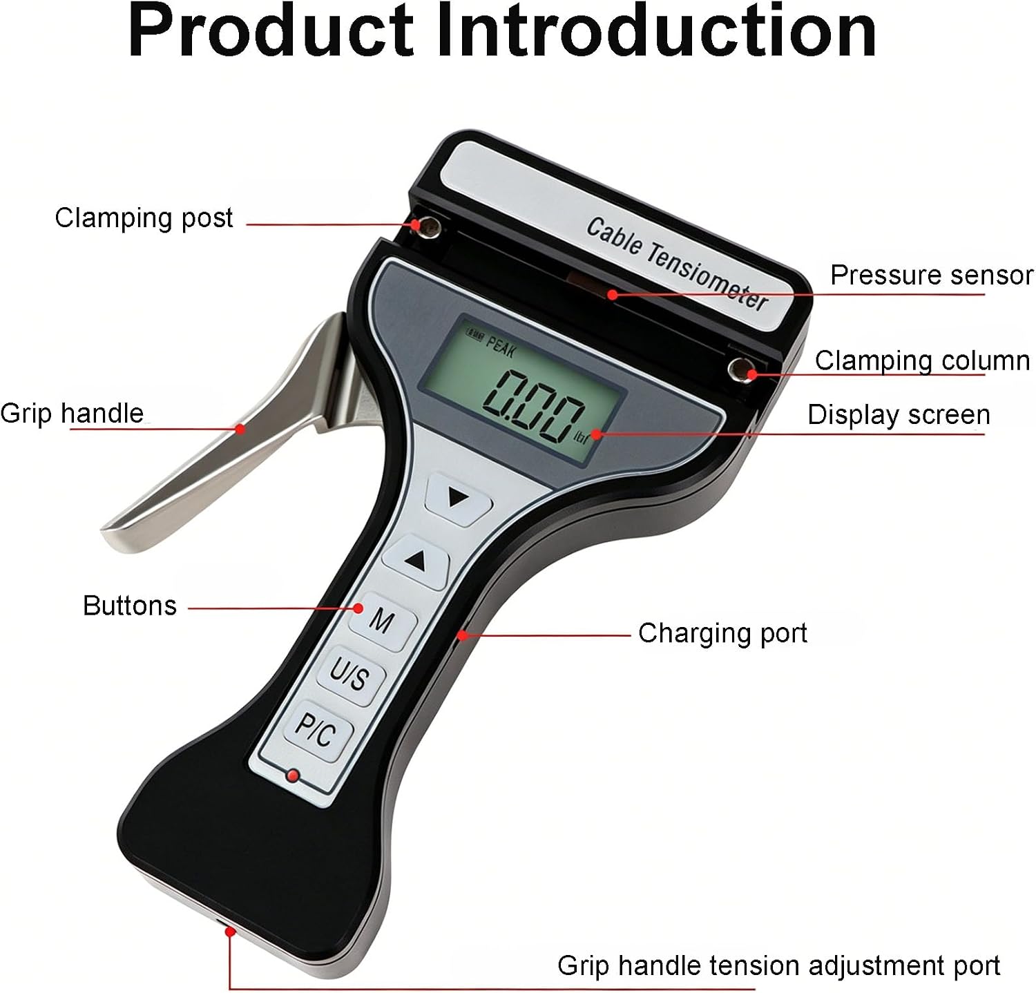 Handheld Digital Wire Rope Tension Meter, Portable Cable Tension Gauge with 2 Working Modes and 4 Selectable Units, for Filaments and Wires 2500N