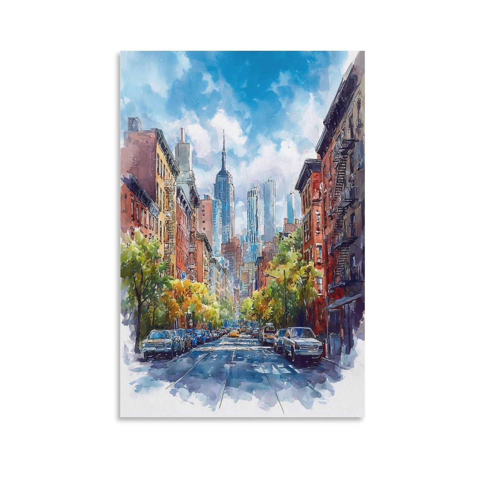 XWYMXZ Brooklyn Watercolor Painting New York Cityscape Poster 24x36inch(60x90cm) Vintage Watercolor Canvas Art