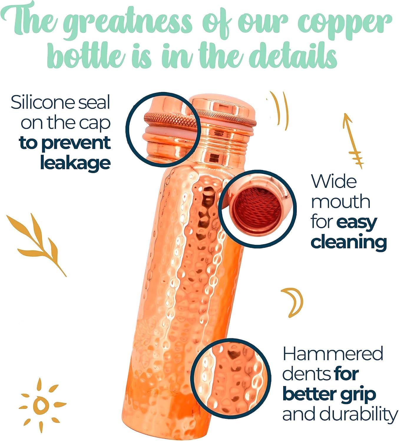 Copper Water Bottle (34oz/1000ml) 100% Pure Handmade Hammered Ayurvedic Pure Copper Vessel for Drinking Heavy Duty & Leak-proof