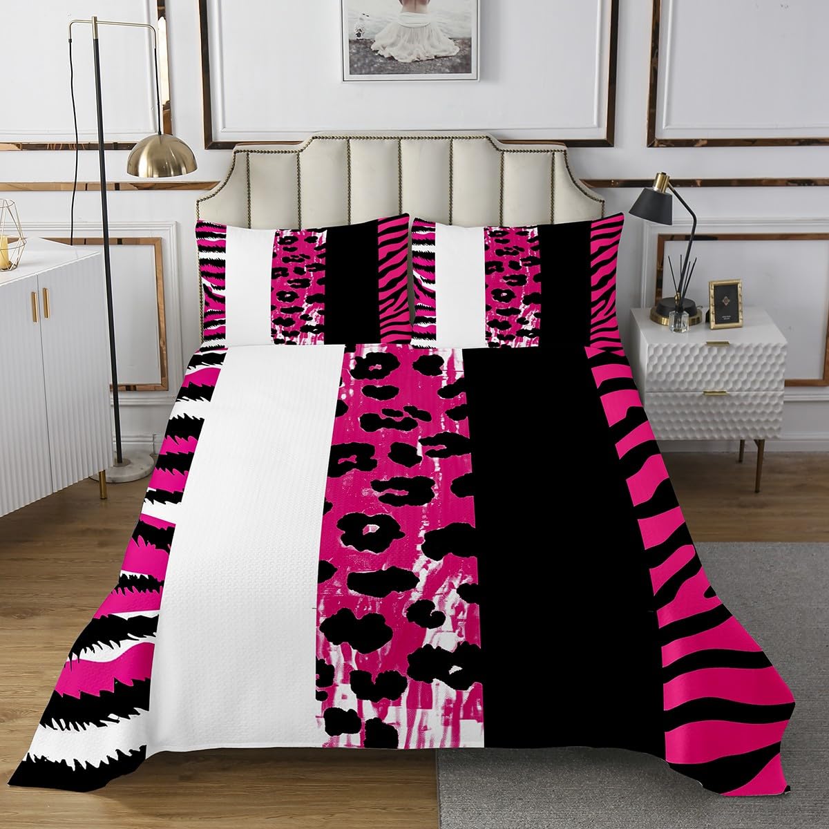 jejeloiu Pink Leopard Print Bedspread King Size Zebra Stripe Coverlet Set for Kids Boys Girls Decor Tiger Print Animal Skin Safari Cheetah Geometric Quilted Coverlet Room Decor