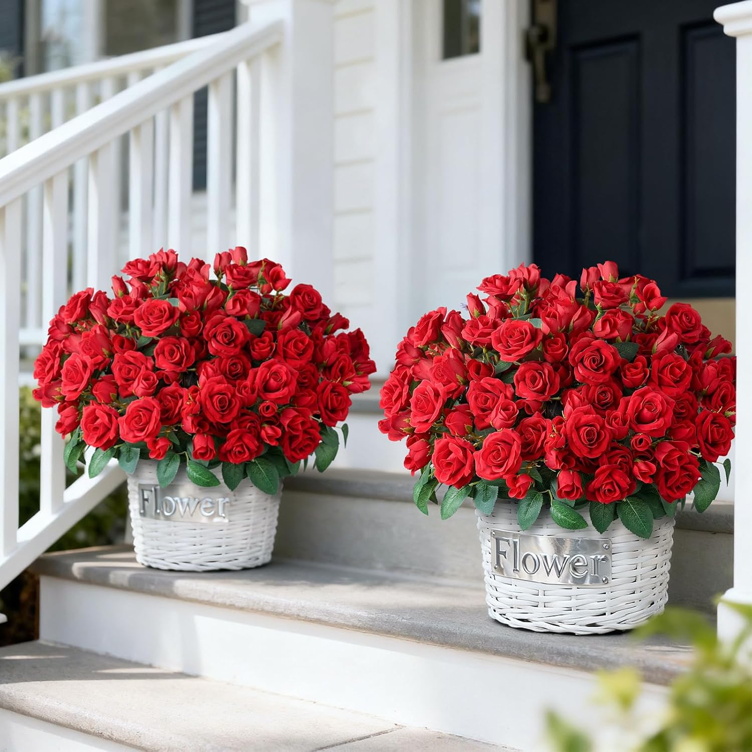 2 Set of Artificial Rose Topiary Trees - Faux Silk Flower Potted Plant, UV Resistant Fake Outdoor Rose Bush for Front Door, Farmhouse, Porch, Garden Decor (Red)