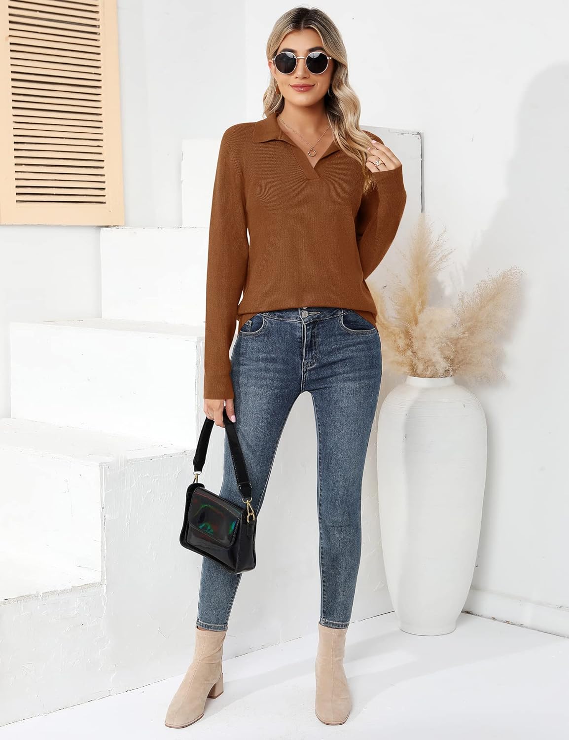 Romanstii Women's Knitted Collared Sweaters Long Sleeve V-Neck Polo Shirts Winter Pullover Tops - Image 7