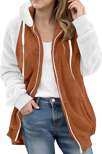 Fleece Lined Jackets for Women,Long Sleeve Color Block Warm Fuzzy Coats,Winter Fur Zip Up Outwear with Pockets S-3XL