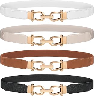WERFORU Women's Stretchy Skinny Waist Belts for Dresses - Retro Gold Buckle Set of 4, Fits 22-40" Waists