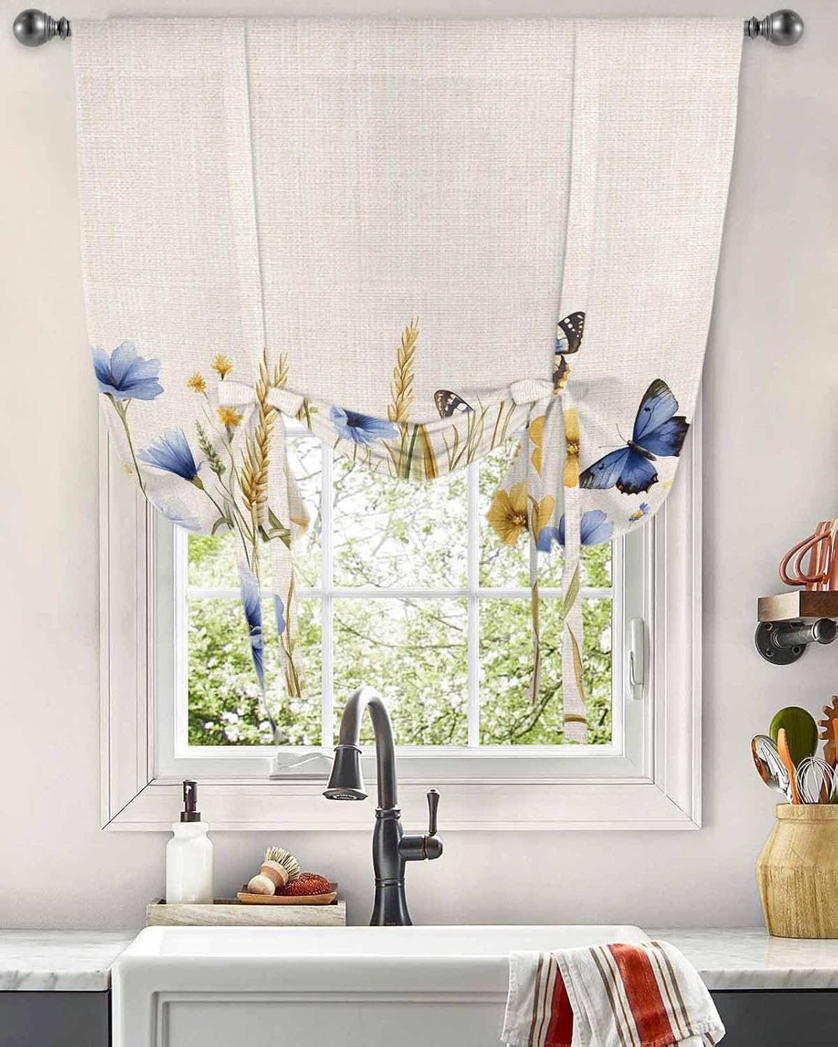 Blue Floral Tie Up Curtains for Windows 63 Inch Length Balloon Curtains Kitchen Adjustable Balloon Window Shade Yellow Flower Butterflies Country Plant Tie Up Valance Bathroom Curtain Window 52"x63"