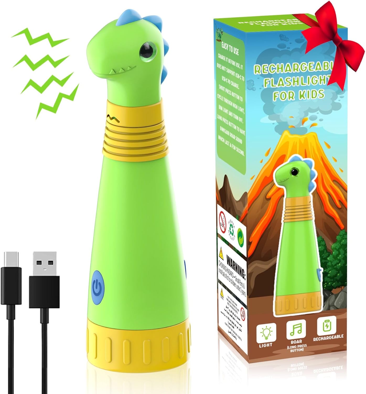 SEVENKA Dinosaur Rechargeable Flashlight for Kids, LED Flashlight with Dino Roar Sound, Kids Flashlight Torch, Outdoor Kids Camping Gear Accessories, Birthday Gift Halloween Lights for Kid