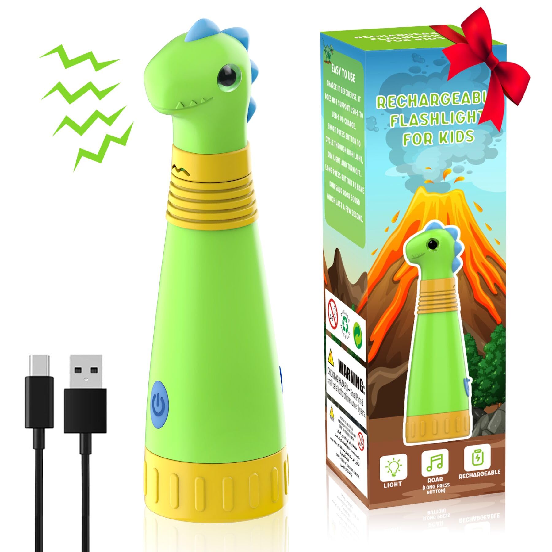 Dinosaur Rechargeable Flashlight for Kids, LED Flashlight with Dino Roar Sound, Kids Flashlight Torch Toy, Outdoor Kids Camping Gear Accessories, Birthday Gift Easter Basket Stuffers for Kid Boy Girl