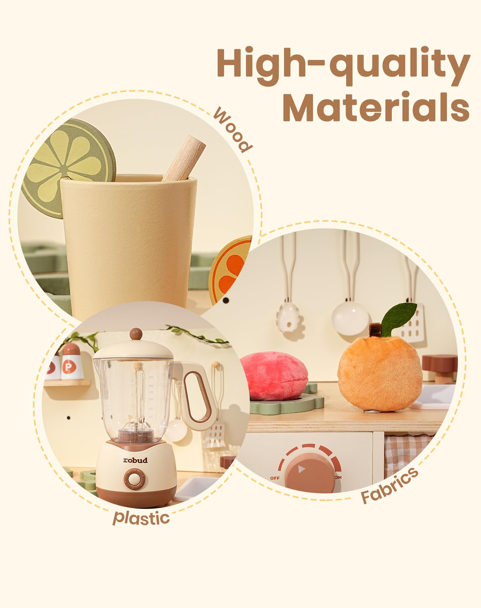 ROBUD Set di accessori da cucina per bambini, utensili da cucina, accessori per la cucina dei bambini, in legno per bambini, tostapane, frullatore, frullatore ad immersione, cuociuova – suoni