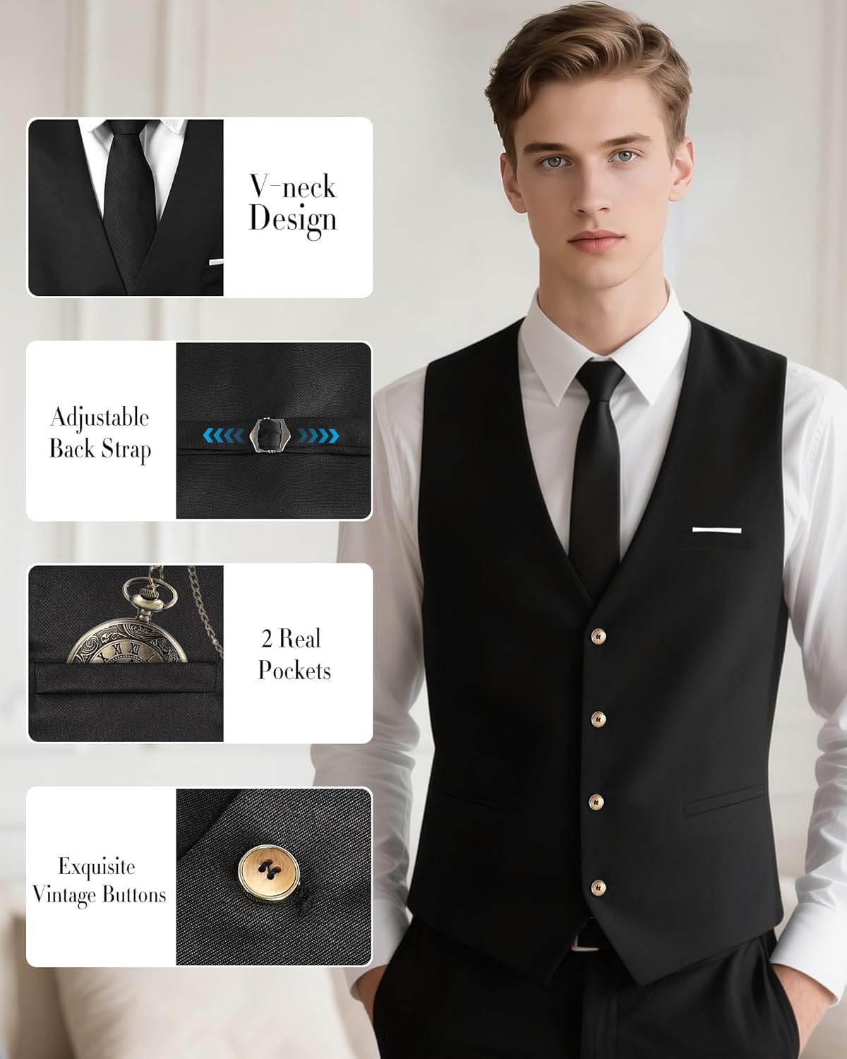 Men's Suit Vest Mens Classic Casual Business Dress Vests with Pockets for Business Formal Wedding Prom - Image 2