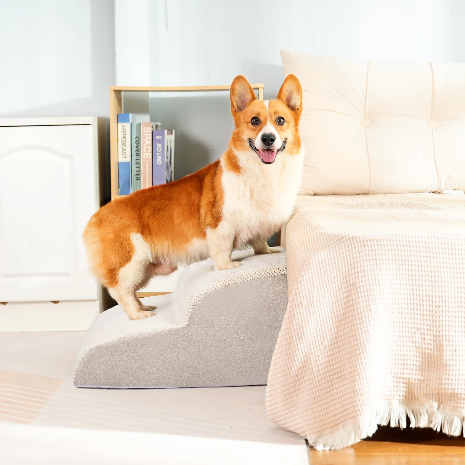 dog stairs for small dogs, high density foam dog ramp, extra wide non-slip pet steps for high beds or couch, soft foam doggie ladder for dogs injured, older pets, small cats fleece-beige 2 steps
