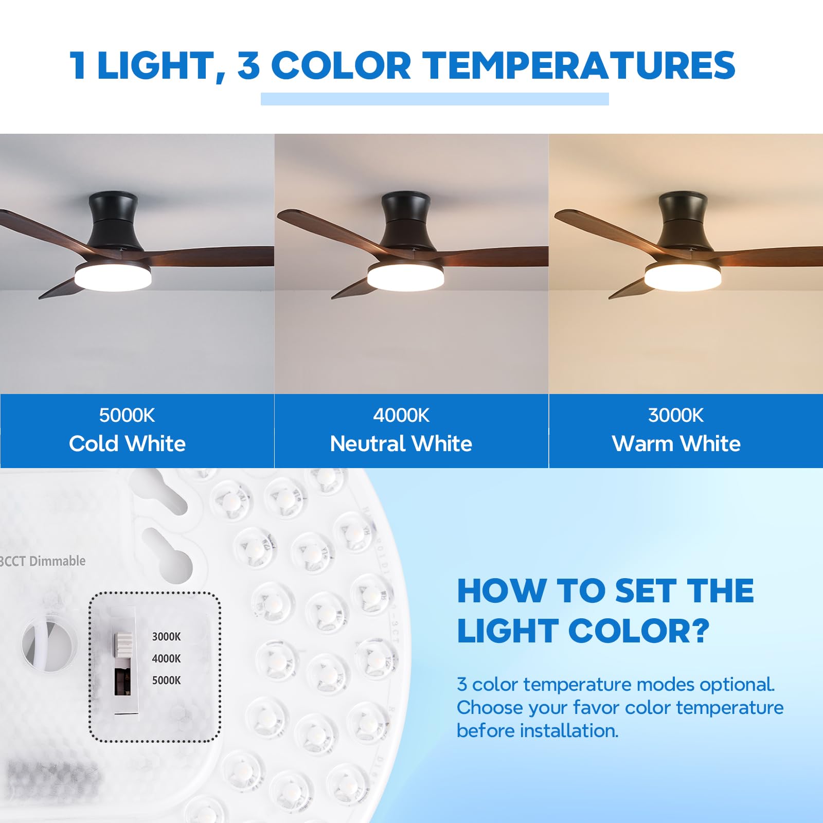 Kit de luz de ventilador de techo de 36 W, 6.69 pulgadas, 3200 lm, 3CCT 3000K/4000K/5000K regulable ventilador de techo de repuesto de luz LED, kit de actualización de motor LED para luz de 4