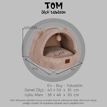 Jungolica Tom Cat Bed Beige 40x50 cm, Closed Top Design, Removable Double Sided Cushion, Ultra Soft Plush, Breathable Fabric, Anti-Slip Base, Comfortable Cat House
