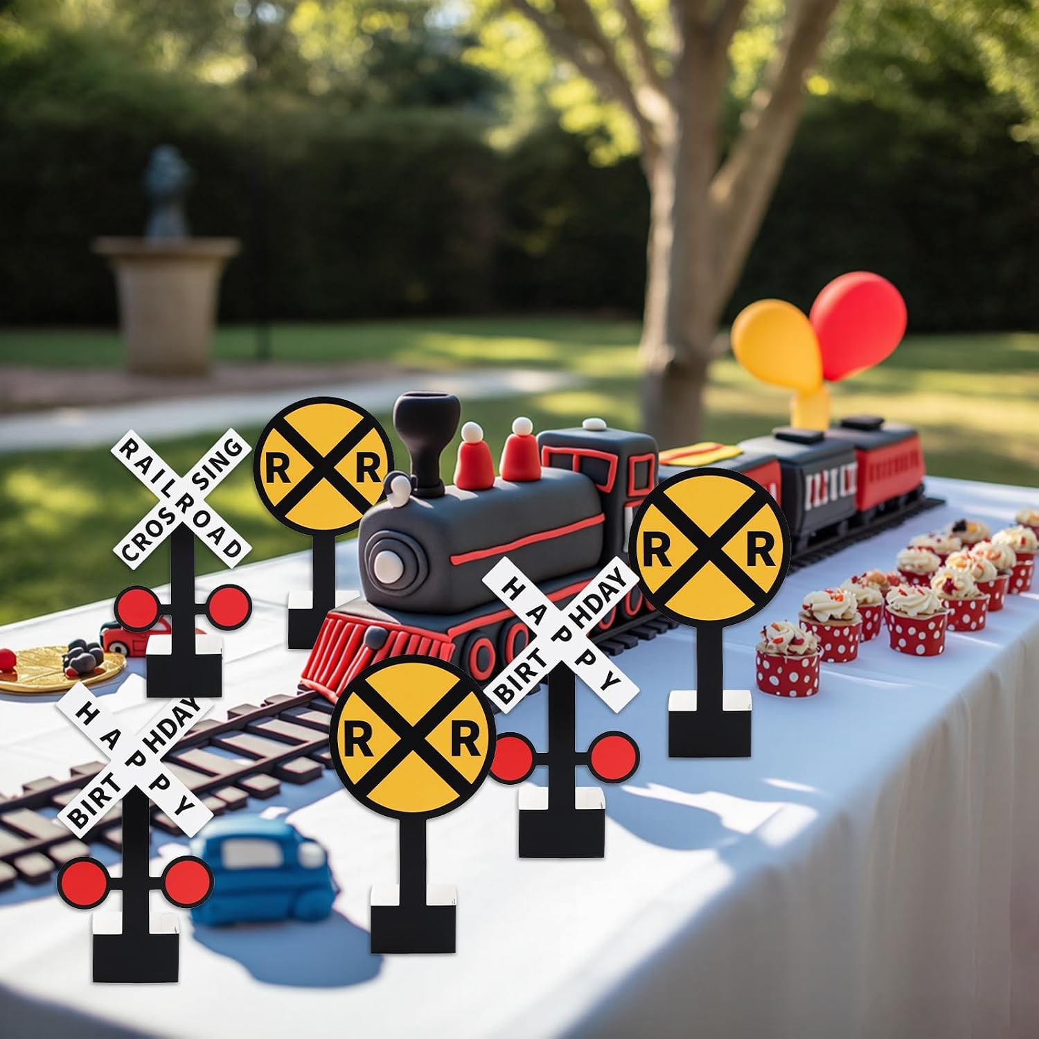 24Pcs Railroad Crossing Sign Table Centerpieces Train Birthday Party Decorations Railroad Happy Birthday Sign Table Toppers for Train Theme Birthdays Party Baby Shower Photo Booth Prop Supplies