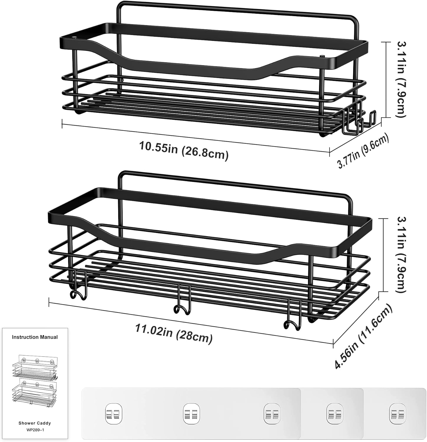 Orimade Shower Caddy Bundle with Shower Floor Stand for Hanging Razor and Sponge Bathroom Basket Adhesive Shower Shelf Storage Kitchen Rack No Drilling Rustproof Black