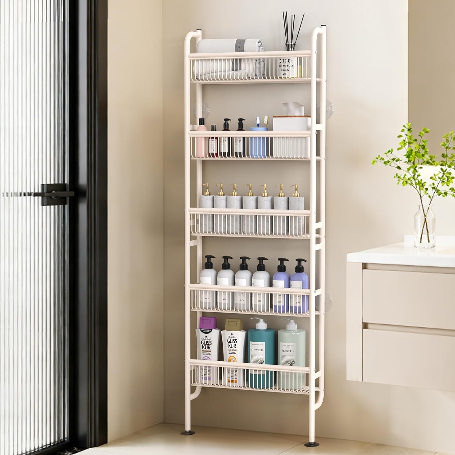 NECHEGE Slim Shelf Behind Door Storage Rack, 5-Tier Multi-Purpose Space-Saving Organizer for Bathroom, Kitchen, Living Room-Sturdy Metal Bookshelf for Narrow Spaces