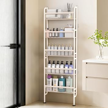 NECHEGE Slim Shelf Behind Door Storage Rack, 5-Tier Multi-Purpose Space-Saving Organizer for Bathroom, Kitchen, Living Room-Sturdy Metal Bookshelf for Narrow Spaces