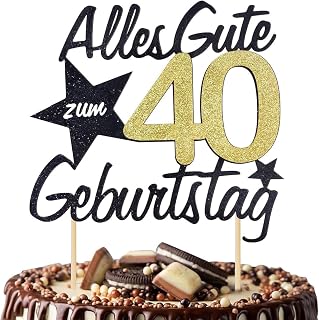 Alles Gute Zum 40 Geburtstag Cake Topper, Black Gold Glitter German Happy Birthday 40th Cake Decoration, Cheers to 40 Years Cake Charm Party Decoration Supplies (40)