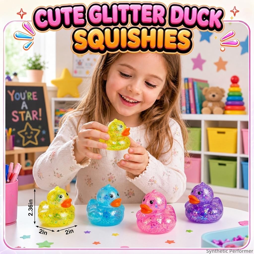 8 Pack Glitter Duck Squishy Toys, 4 Colors Slow Rise Sugar Squishy Pack Stress Relief, Cute Sensory Fidget Toy for Party Favors, Christmas Stocking Stuffers, Treasure Box Prizes image 3