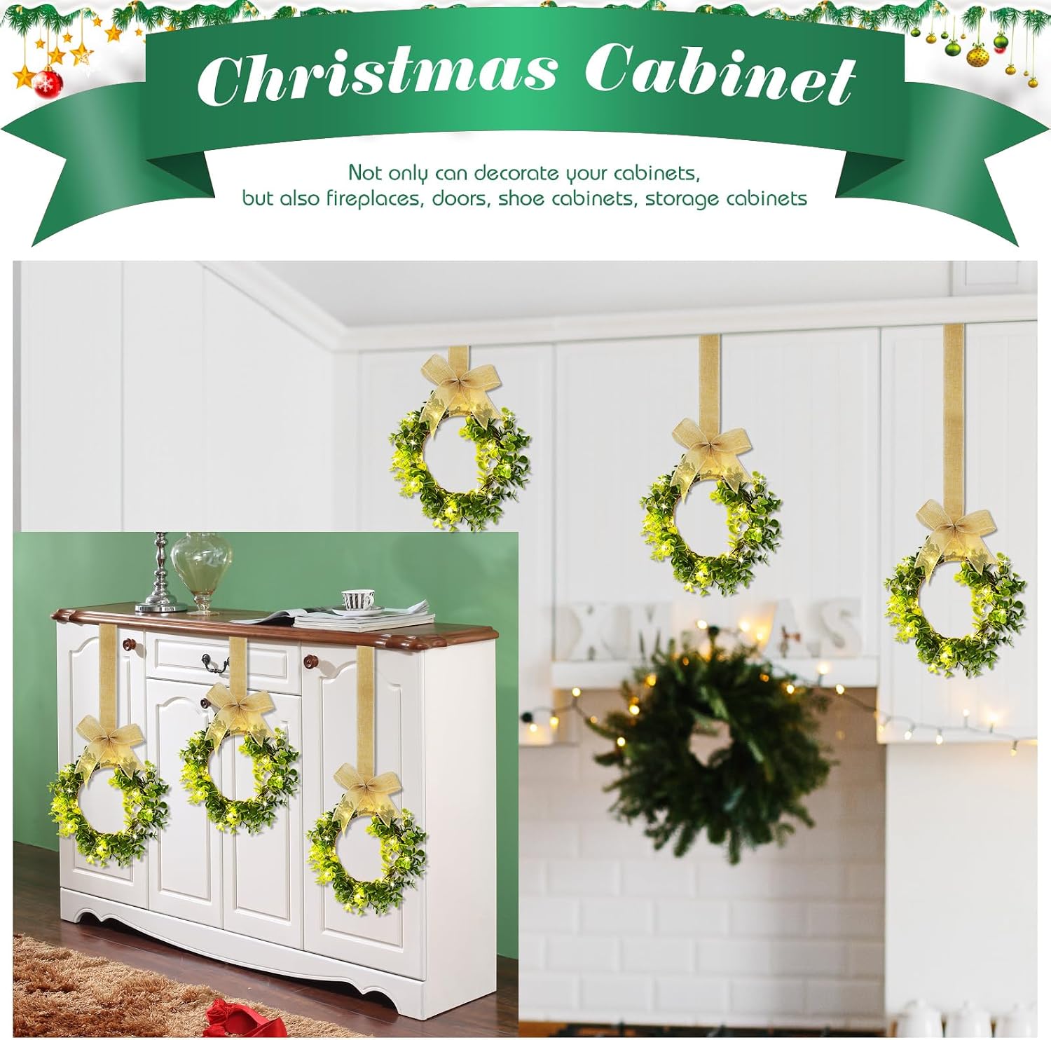 Cindeer 6 Pcs Lighted Christmas Kitchen Cabinet Wreaths with Ribbon Bow LED Lights Farmhouse Artificial Cabinet Hanging Wreaths for Door Wall Christmas Party(Yellow)