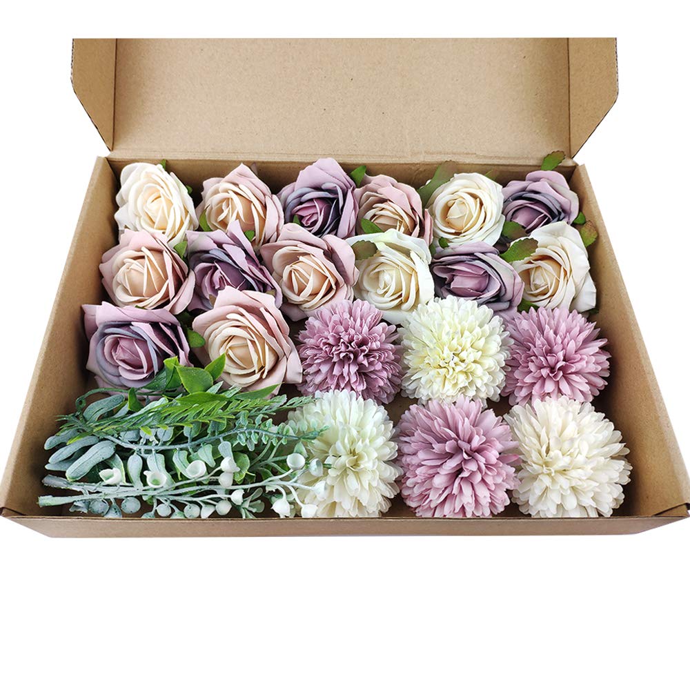 DIY Bouquet 14pcs Artificial Roses and 6pcs Epaltes Australis for Wedding Bouquets Combo Realistic Roses Party Home Decorations, White Pink