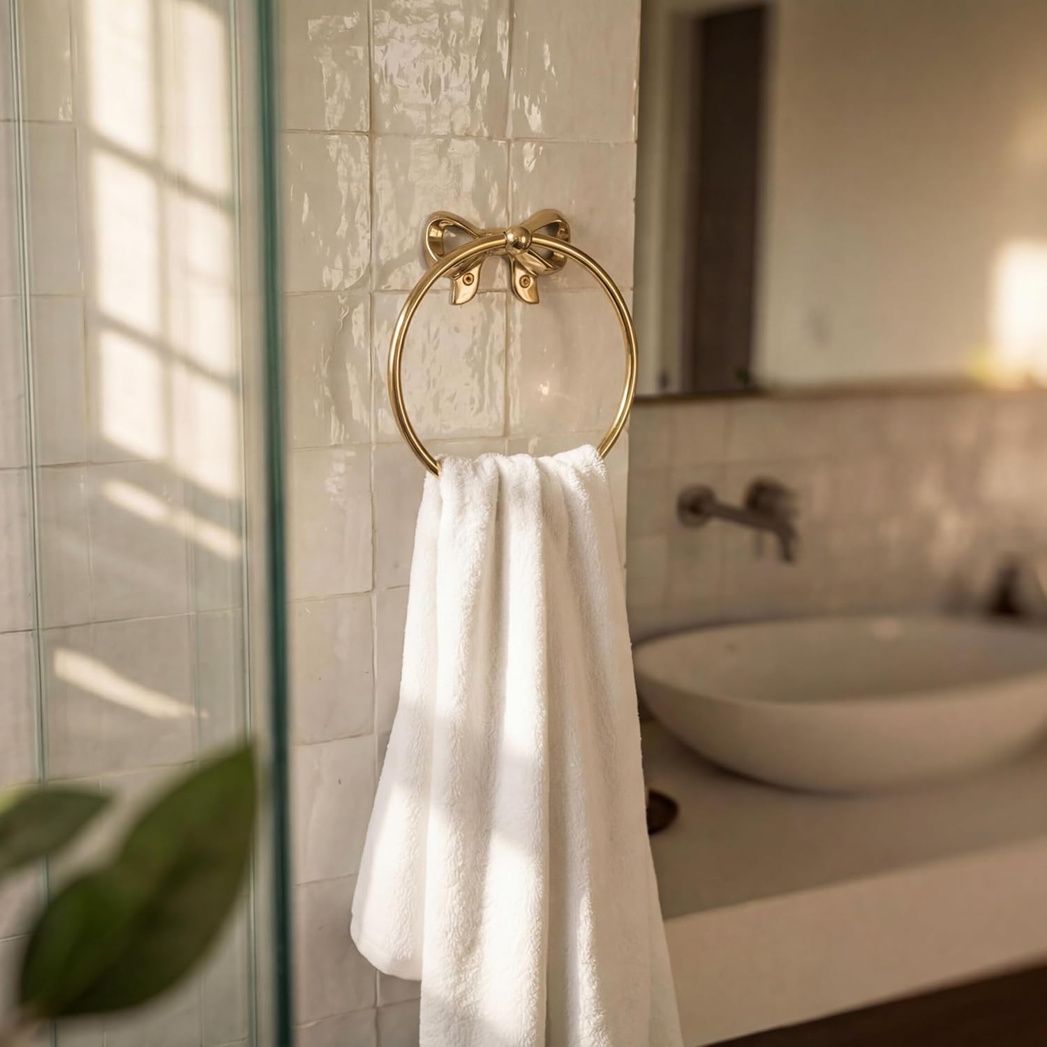 IndianShelf Gold Brass Bow Tie Towel Ring - Elegant Wall Mounted Hand Towel Holder for Bathroom - Vintage Ribbon Design, Rustproof Solid Brass