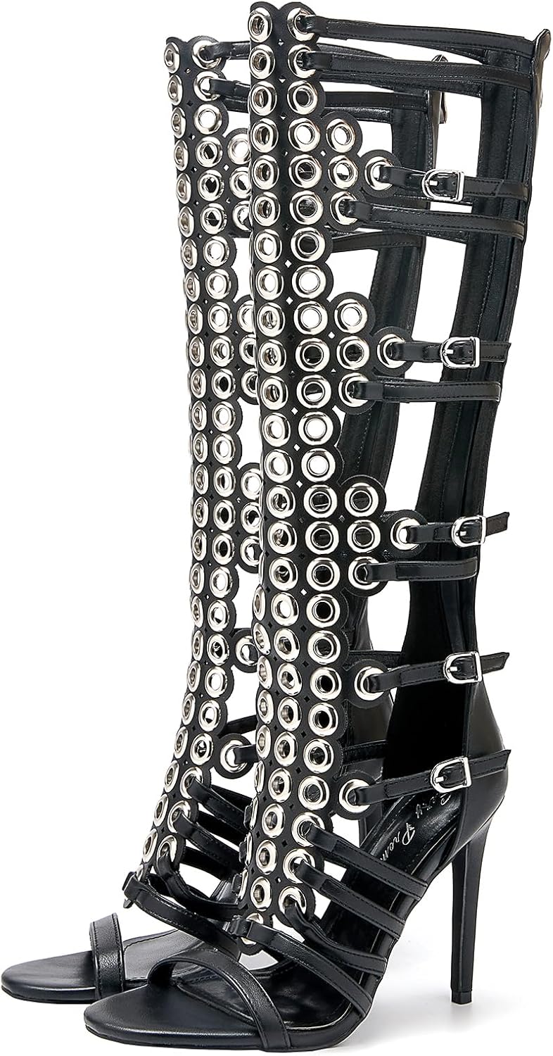 Women's 4.3IN Hollow Open Toe Knee High Boots Metal Buckle Stiletto Heels Nightclub Party Wedding Shoes - Image 4