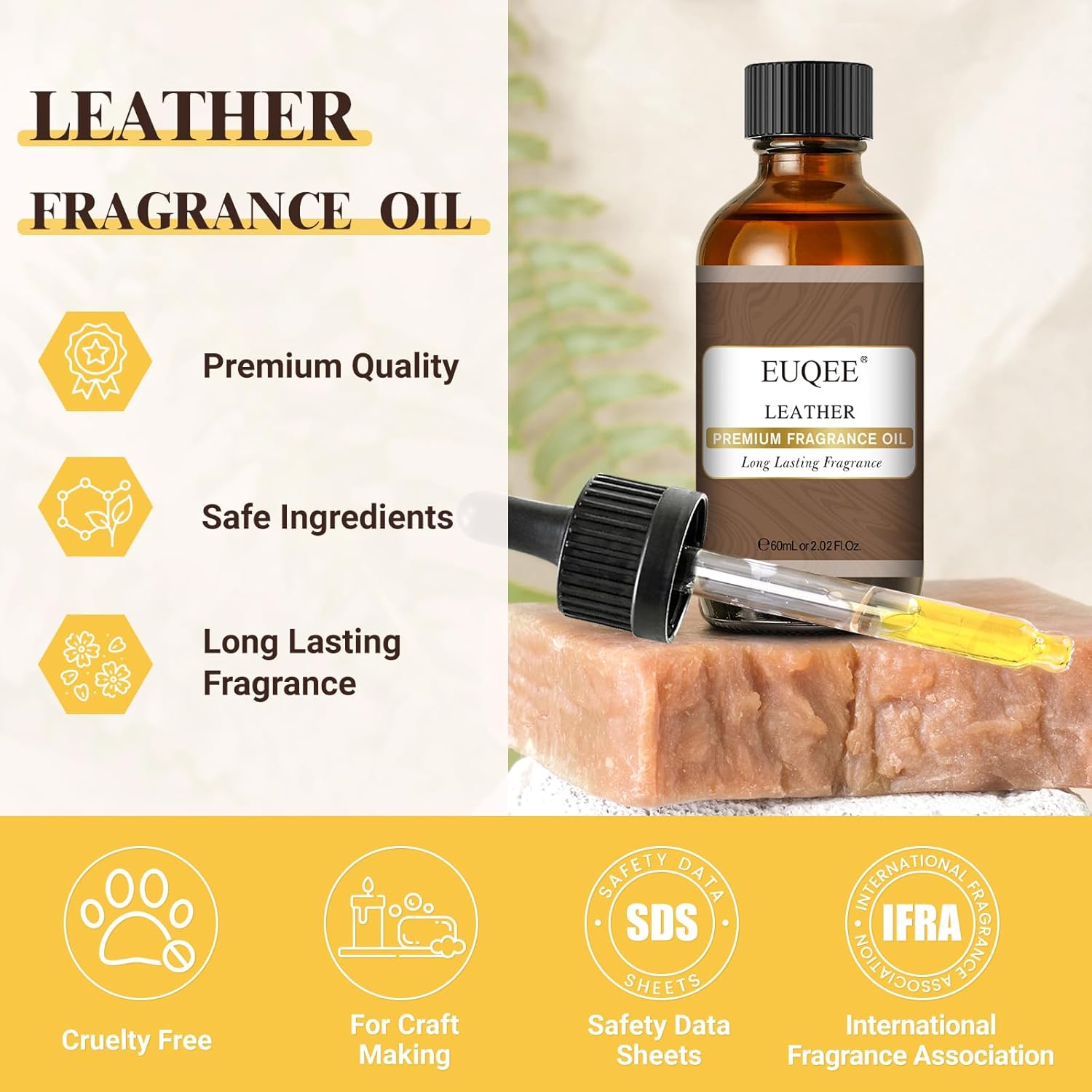 EUQEE Leather Fragrance Oils, 2.02 Fl oz/ 60ml Essential Oils for Diffuser, Candle Making, DIY Soap with Glass Dropper - Image 2