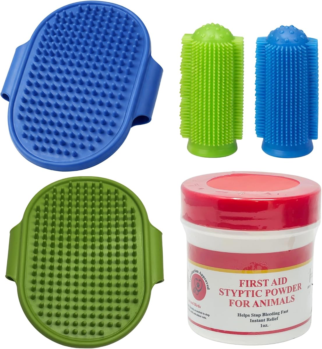 Pet Grooming & Care Kit with Styptic Powder – Dog & Cat Bath Brush, Finger Toothbrush Set, 1oz Pet Nail Stop Bleeding Powder – Complete At-Home Grooming Bundle (5, Multicolor)