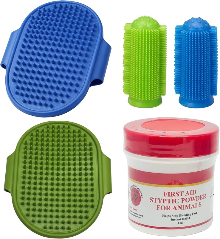 Pet Grooming & Care Kit with Styptic Powder – Dog & Cat Bath Brush, Finger Toothbrush Set, 1oz Pet Nail Stop Bleeding Powder – Complete At-Home Grooming Bundle (5, Multicolor)