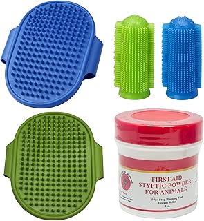 Pet Grooming & Care Kit with Styptic Powder – Dog & Cat Bath Brush, Finger Toothbrush Set, 1oz Pet Nail Stop Bleeding Powder – Complete At-Home Grooming Bundle (5, Multicolor)