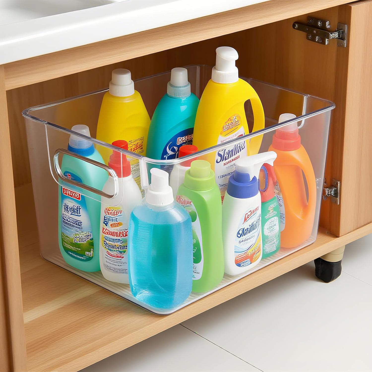 Set of 8 Clear Organizers and Storage Bins, 4 Large and 4 Small Stackable Plastic Storage Containers with Handles for Fridge, Freezer, Pantry, Cabinet, Kitchen Organization