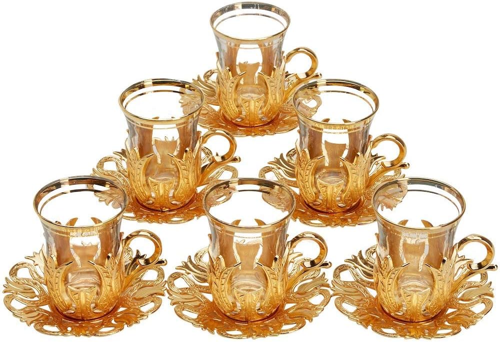 6 X Turkish Tea Glasses Set with Saucers Holders & Spoons Choose Your Color (Gold)