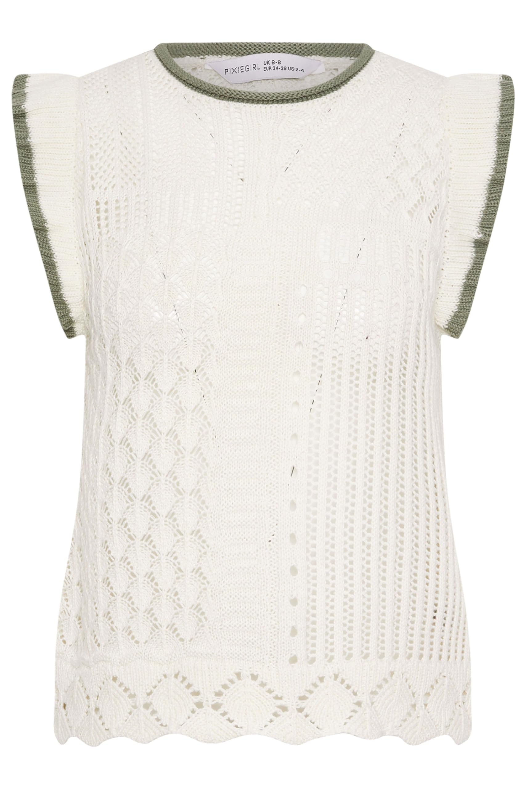 PixieGirl Petite Ivory White & Sage Green Crochet Vest Top Petite