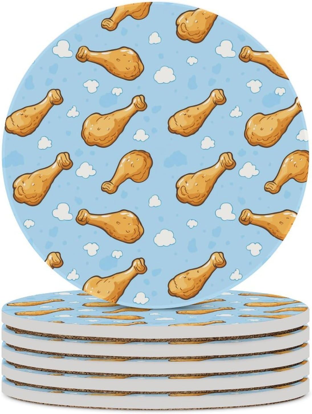 Fried Chicken Legs Sky Cloud Round Ceramic Coasters for Drinks Absorbent Cup Holder Tabletop Protector with Cork Base