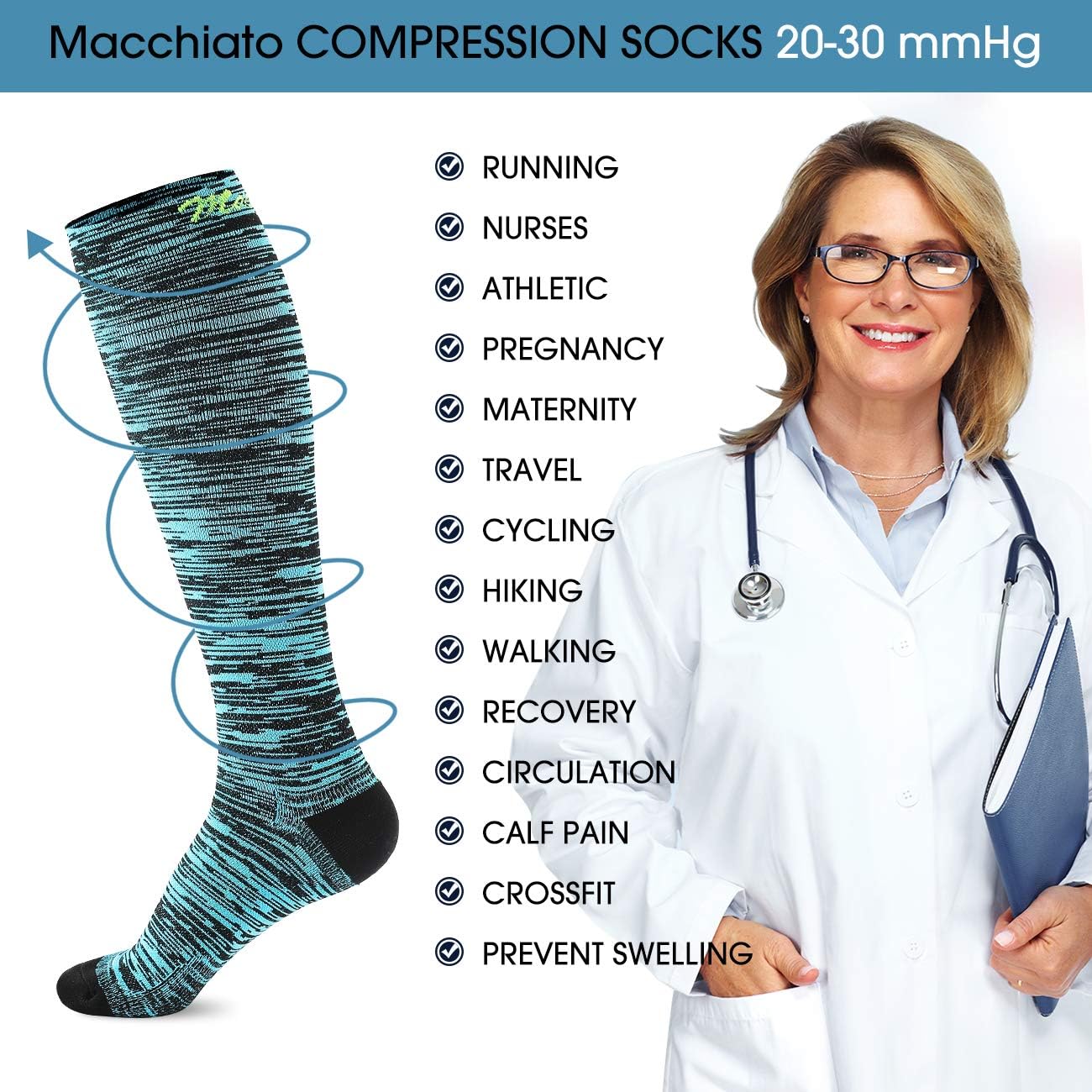 Compression Socks for Women and Men 20-30 mmHg for Running, Pregnancy, Travel, Nursing