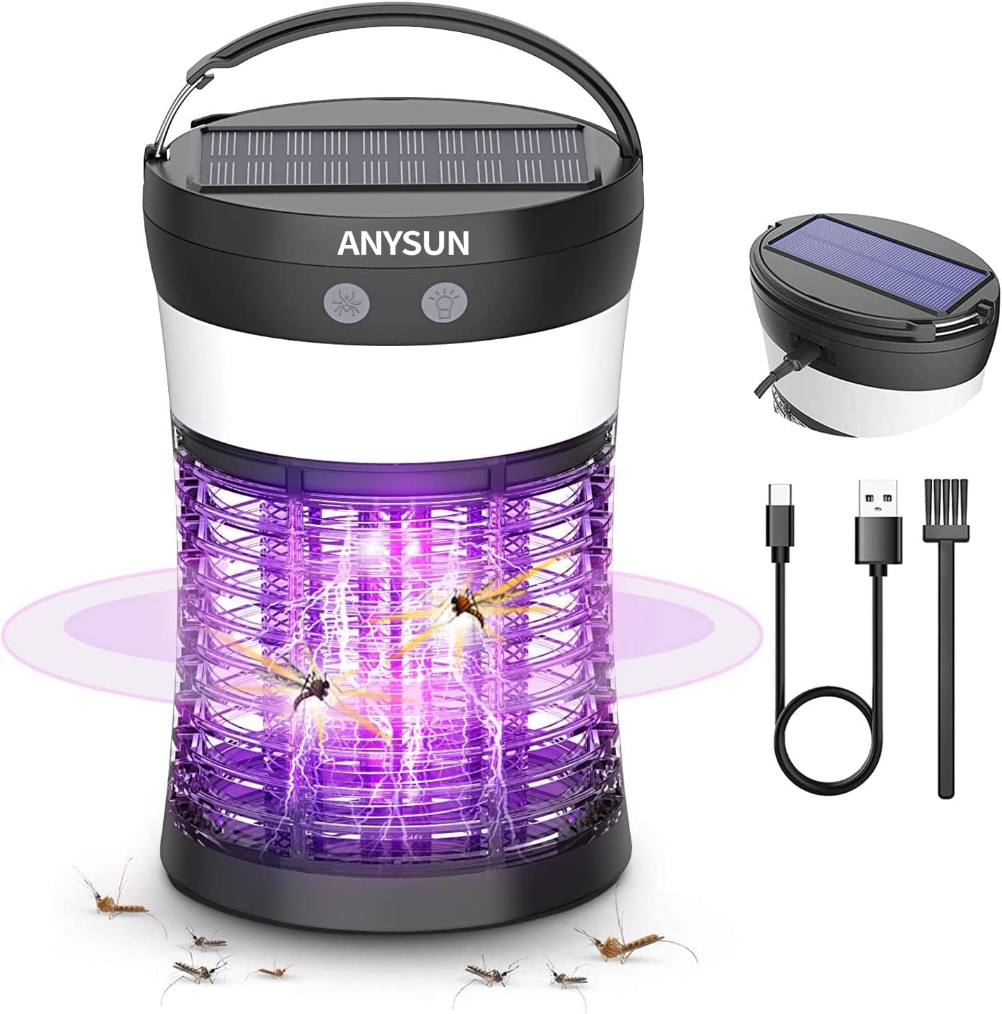 Bug Zapper Solar Powered, Electric Mosquito Zappers Killer, Anysun Portable Camping Lantern with SOS Emergency Light, Rechargeable Insect Fly Pest Attractant Trap for Outdoor Indoor Patio Backyard