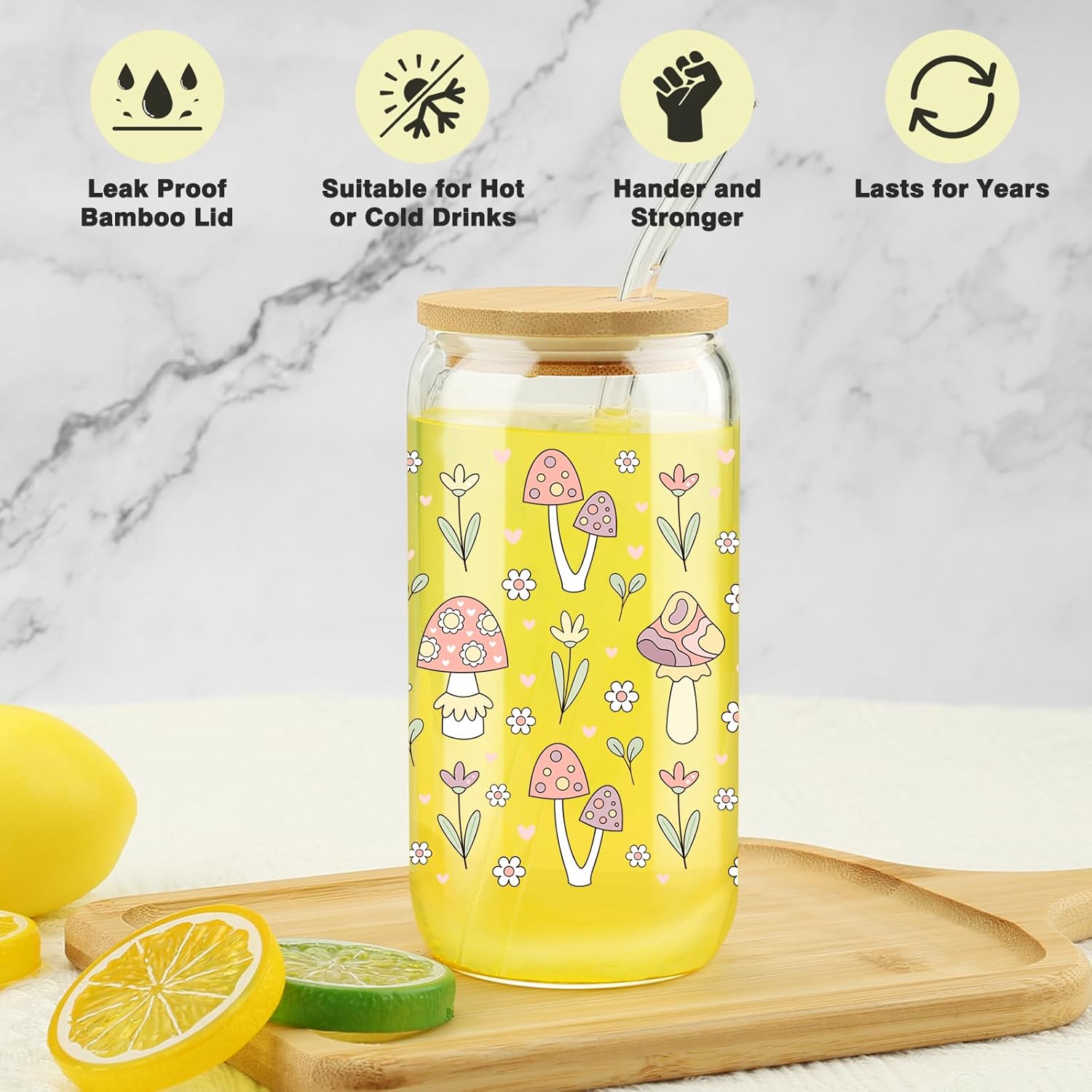 Mushroom Glass Cup with Bamboo Lids Straws, Christmas Gifts, 16oz Retro Hippie Tumbler, Fungi Themed Tumbler Stuff, Iced Coffee Cup, Mushroom Gift for Women, Birthday Gifts for Sister, BFF - Image 6