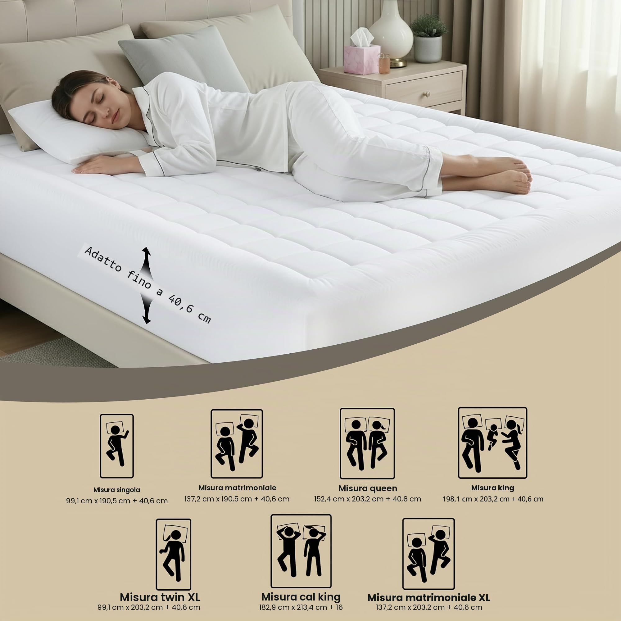 Premium materasso imbottito, Poliestere e misto poliestere, White, Queen