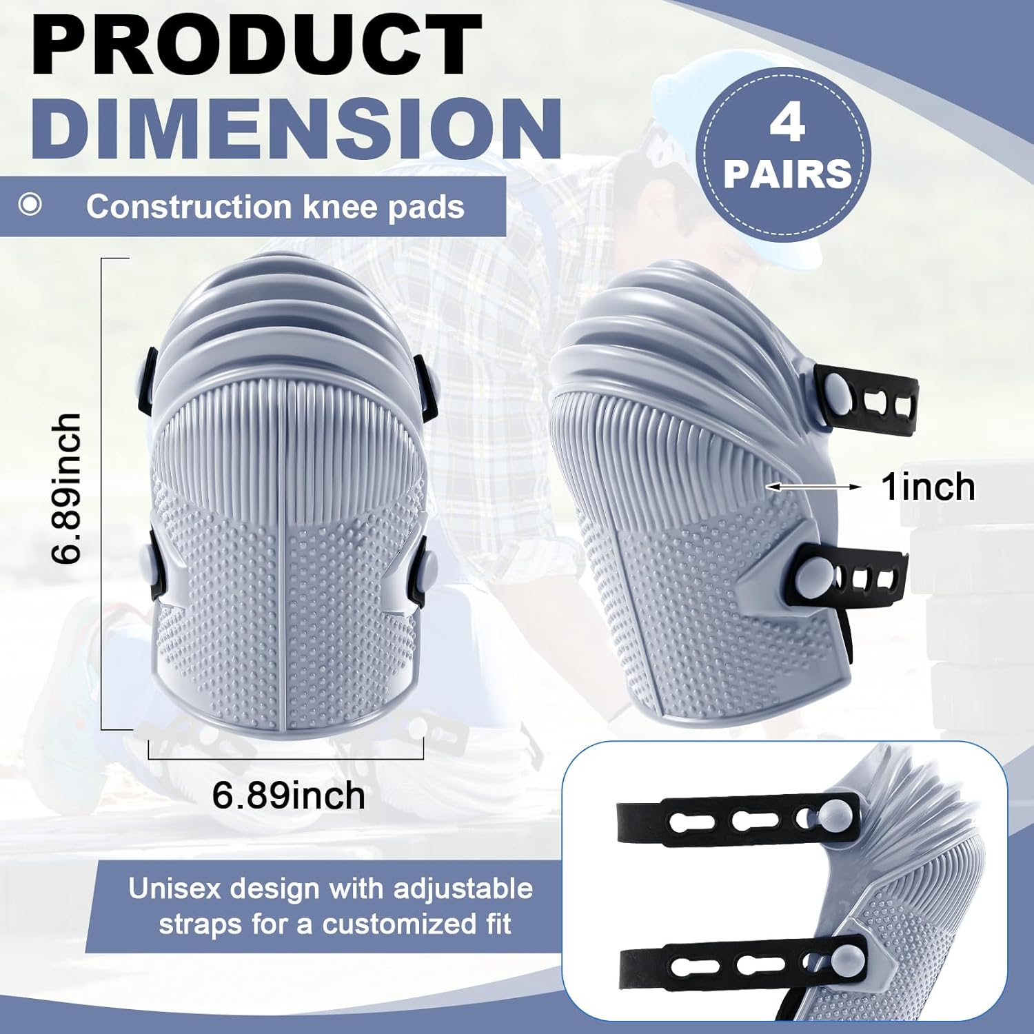 Soulchen 2 Pairs Construction Knee Pads for Men Women Heavy Duty Knee Pads for Work with Flexible Plastic and Thick Foam Cushion Adjustable Thigh and Shin Straps for Roofing Flooring Gardening (Gray)