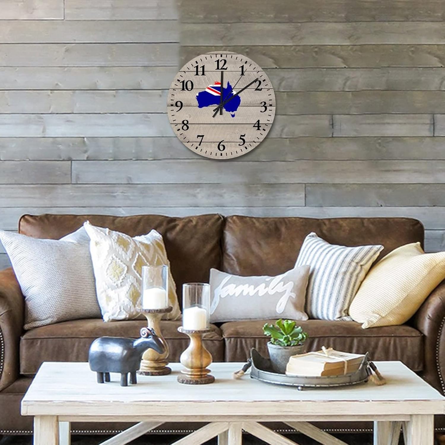 Wall Clock National Flag Australia Outline Wooden Decorative Battery Operated Arabic Numeral National Pride Round Clock for Living Room Office 12 Inch