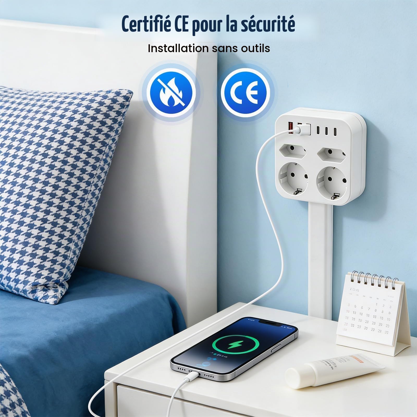 Multiprise Extensible avec 4 Prises AC et 3 USB-A/C, Prise Extensible Derriere Meuble (47-67 cm), MultiPrise Rotative à 360° pour Bureau, Cuisine et Home-Office, Espaces Difficiles d'Accès (Blanc)