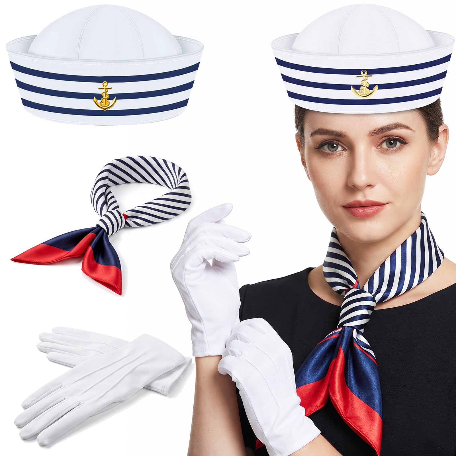 Sailor Hat Scarf Gloves Set for Men Women, Captain Sailor Costume Set