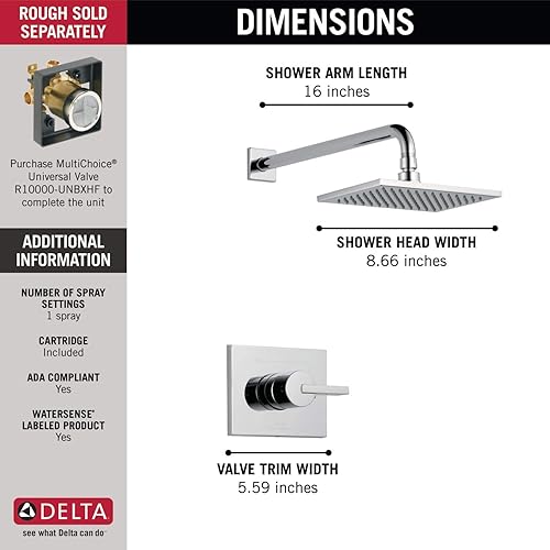 Miniatura 6 de Delta Faucet Vero Serie 14 Juego de grifo de ducha de una sola función, cabezal de ducha de lluvia, grifo de ducha de níquel cepillado, mango de