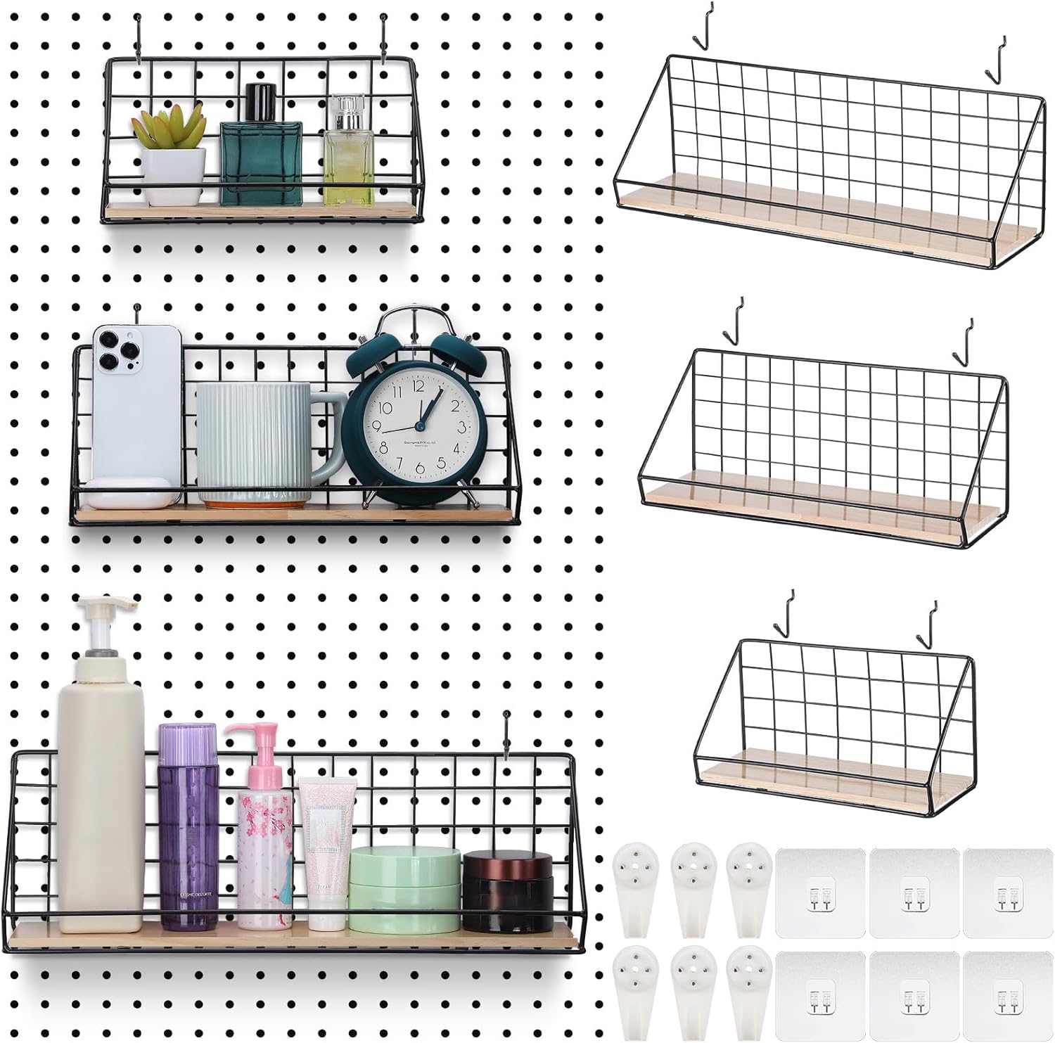 Roowest 3 Sets Metal Pegboard Shelves with Steel Peg Board Brackets and Hooks Wall Organizer Storage Display Tray Accessories for Craft Room Home Office Garage Nursery Workbench Kitchen(Black)
