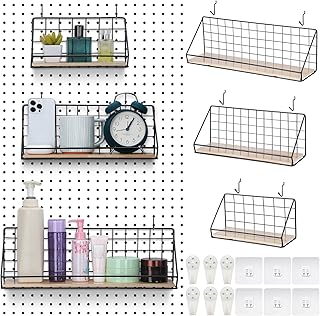 Roowest 3 Sets Metal Pegboard Shelves with Steel Peg Board Brackets and Hooks Wall Organizer Storage Display Tray Accessories for Craft Room Home Office Garage Nursery Workbench Kitchen(Black)