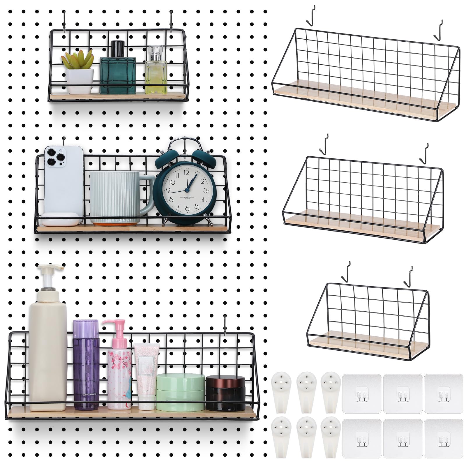 Roowest 3 Sets Metal Pegboard Shelves with Steel Peg Board Brackets and Hooks Wall Organizer Storage Display Tray Accessories for Craft Room Home Office Garage Nursery Workbench Kitchen(Black)